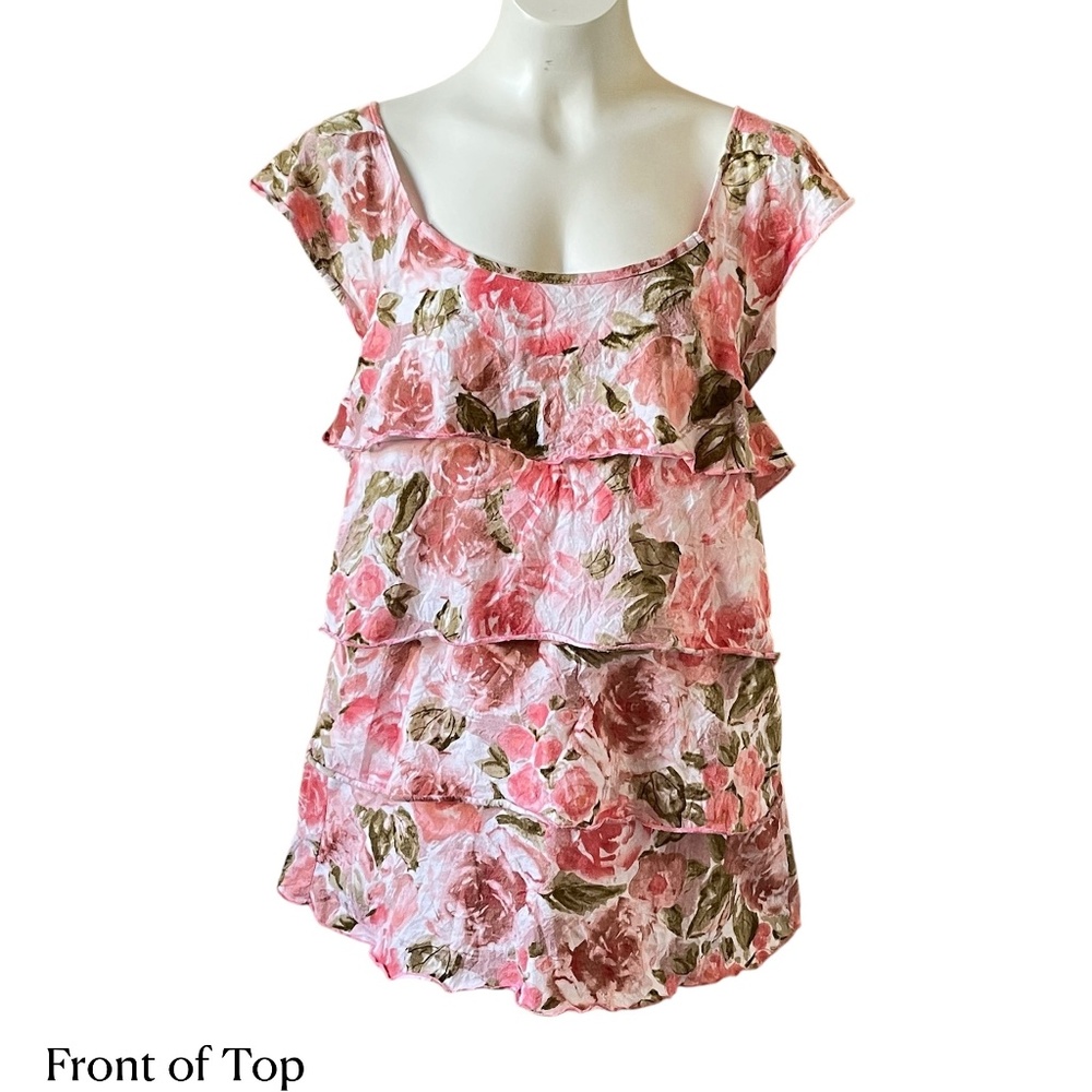 Dressbarn Pink Rose Floral Tiered Ruffle Top XL Vintage Boho Coquette Blouse
